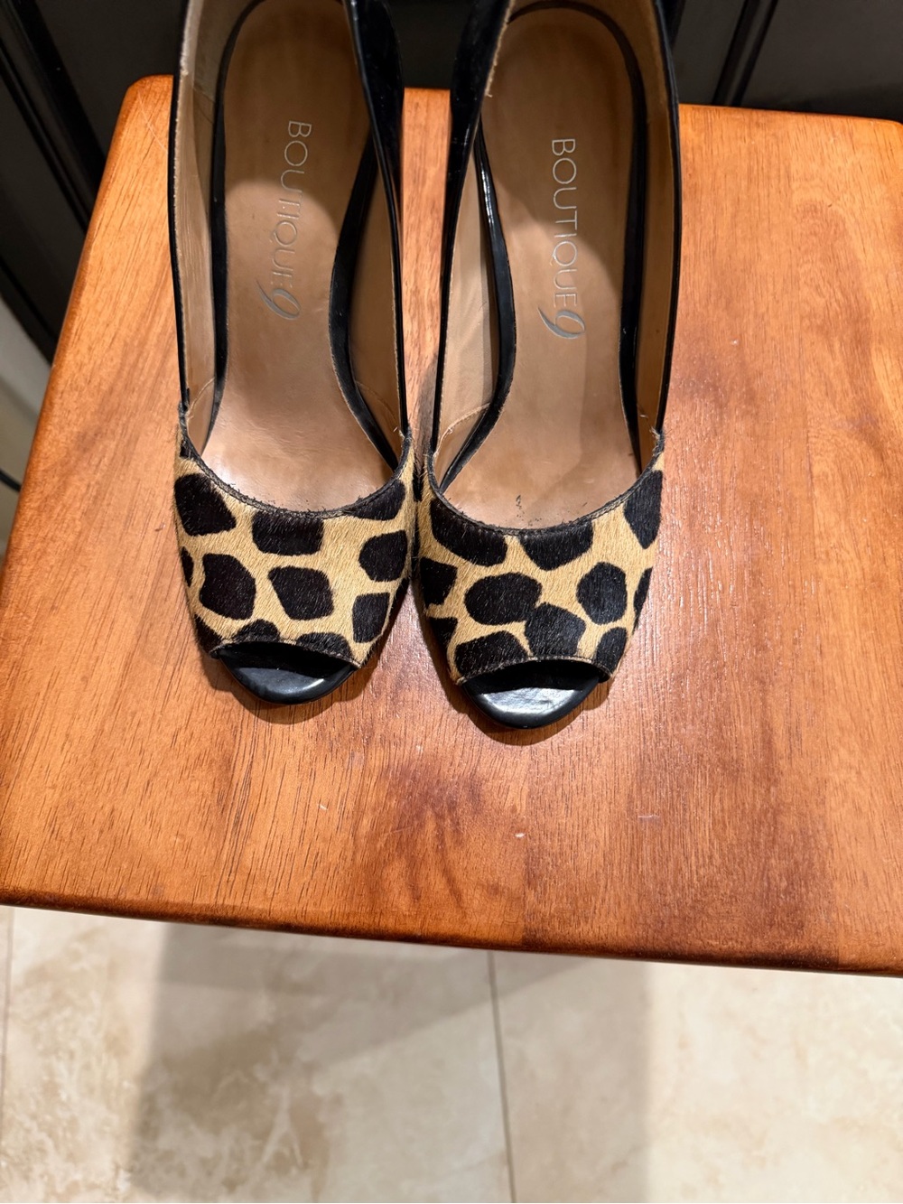 Boutique 9 Leopard Print Peep-Toe Pumps in Tan and Black, Real leather Calf Hair